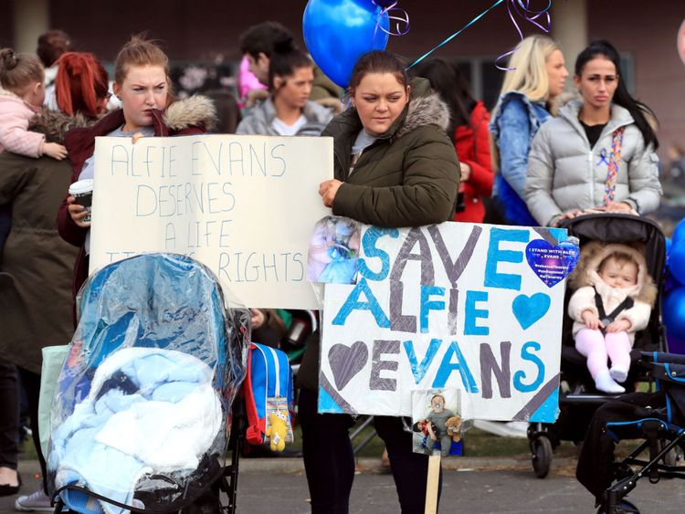 Protesters gathered outside Alder Hey, where Alfie has been treated