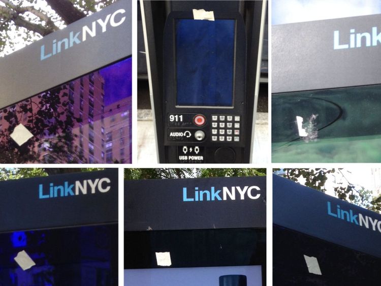 Protesters in New York covered the kiosks&#39; built-in cameras. In the UK they&#39;re switched off at launch. Pic: Twitter / @_cryptome_