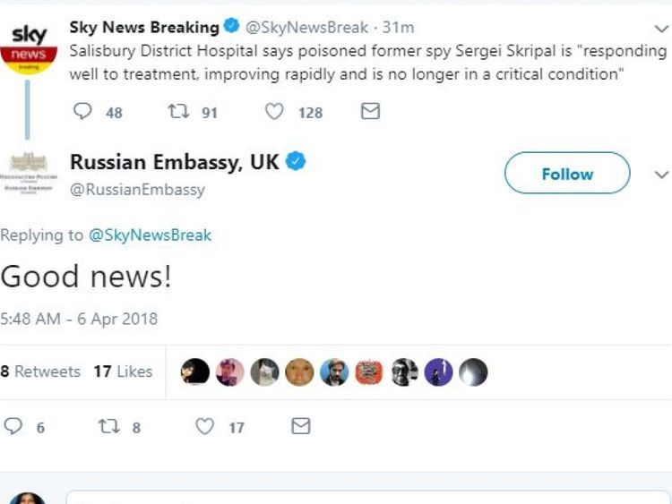 The Russian Embassy in the UK responds to Sky News' tweet breaking the news of Sergei Skripal's recovery