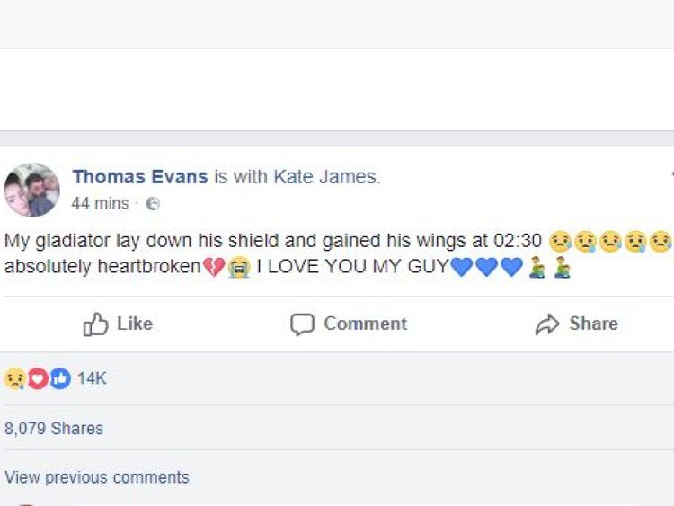 Tom Evans Facebook post announcing the death of his son