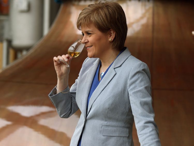 Nicola Sturgeon at the launch of the Dalmunach whisky distillery in 2015 on the Banks of the River Spey