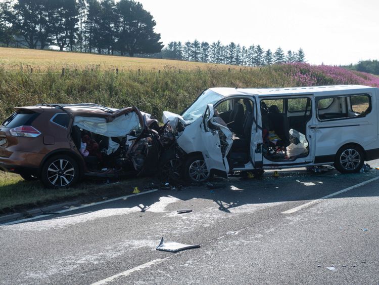 The scene on the A96 between Huntly and Keith in Moray where a five people have died and five more were injured after a crash between a minibus and a car.