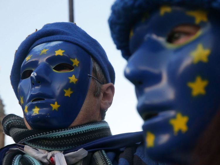 pro-European Union, (EU), anti-Brexit demonstrators wear masks featuring the EU flag outside the Houses of Parliament in central London