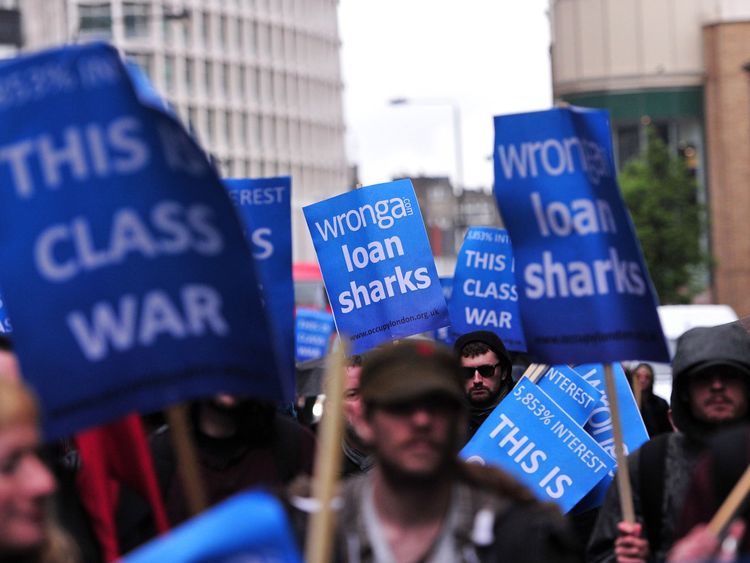 Protesters demonstrate against Wonga in central Londonin 2014