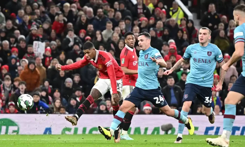 Marcus Rashford lets fly to score Manchester United’s second goal against Burnley after a 50-yard run. Photograph: Oli Scarff/AFP/Getty Images